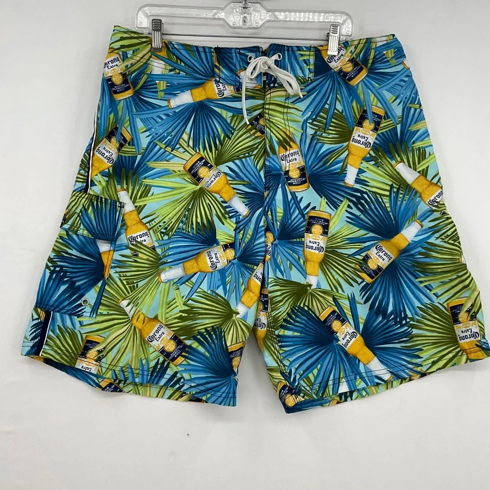 Corona Extra Mens Board Shorts Size 38 Blue Tropical Palm Beer Bottle Swim Trunk